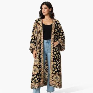 AYKA Kimono Jacket Womens One Size Black Leopard Floral Boho Long Open Front